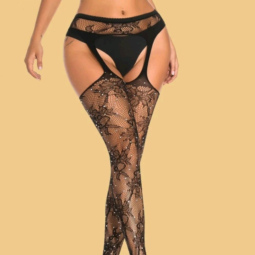 Sexy Black Rhinestone Studded Fishnet Stockings, Hoisery, Pantyhose